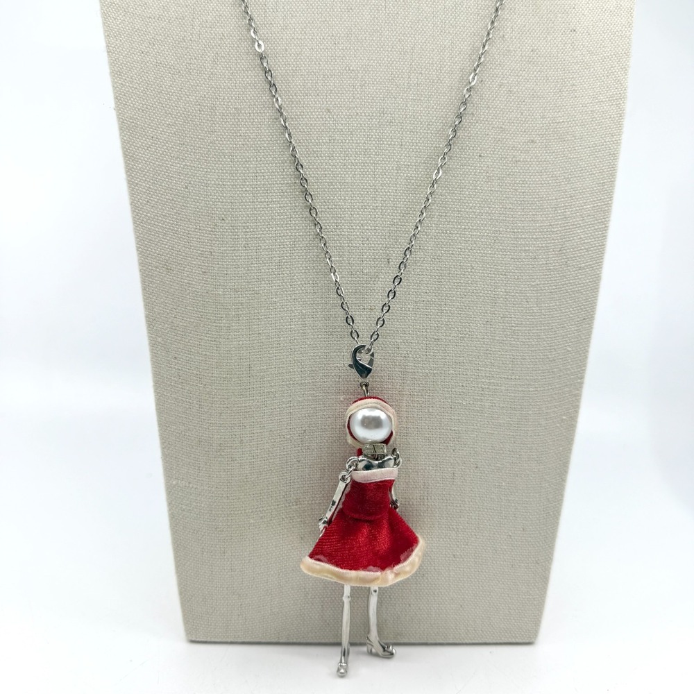 Festive Christmas Girl Charm Necklace - Red Velvet Holiday Jewelry Gift